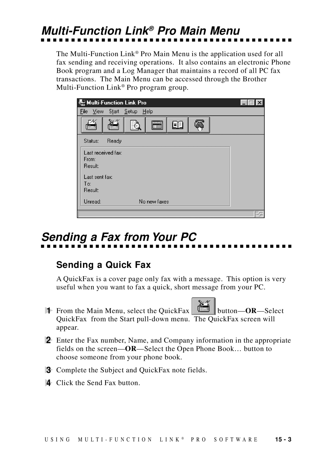 Brother MFC-9100C manual Multi-Function Link Pro Main Menu, Sending a Fax from Your PC, Sending a Quick Fax 