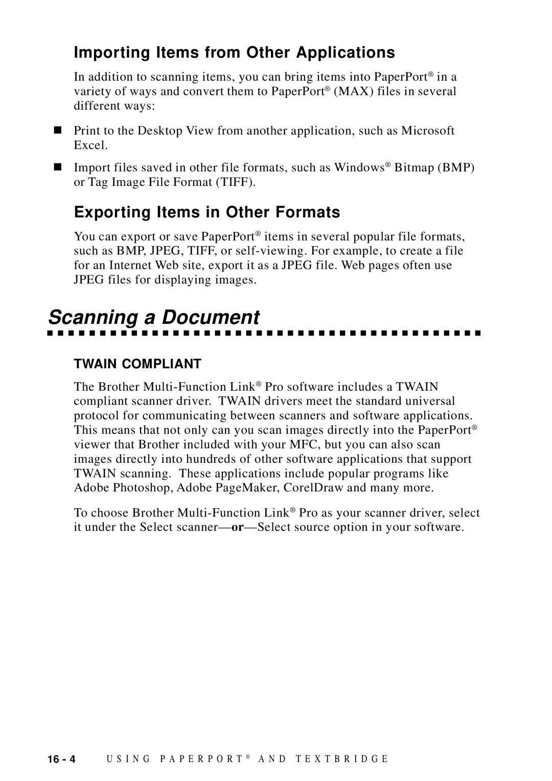 Brother MFC-9100C manual Scanning a Document, Importing Items from Other Applications, Exporting Items in Other Formats 