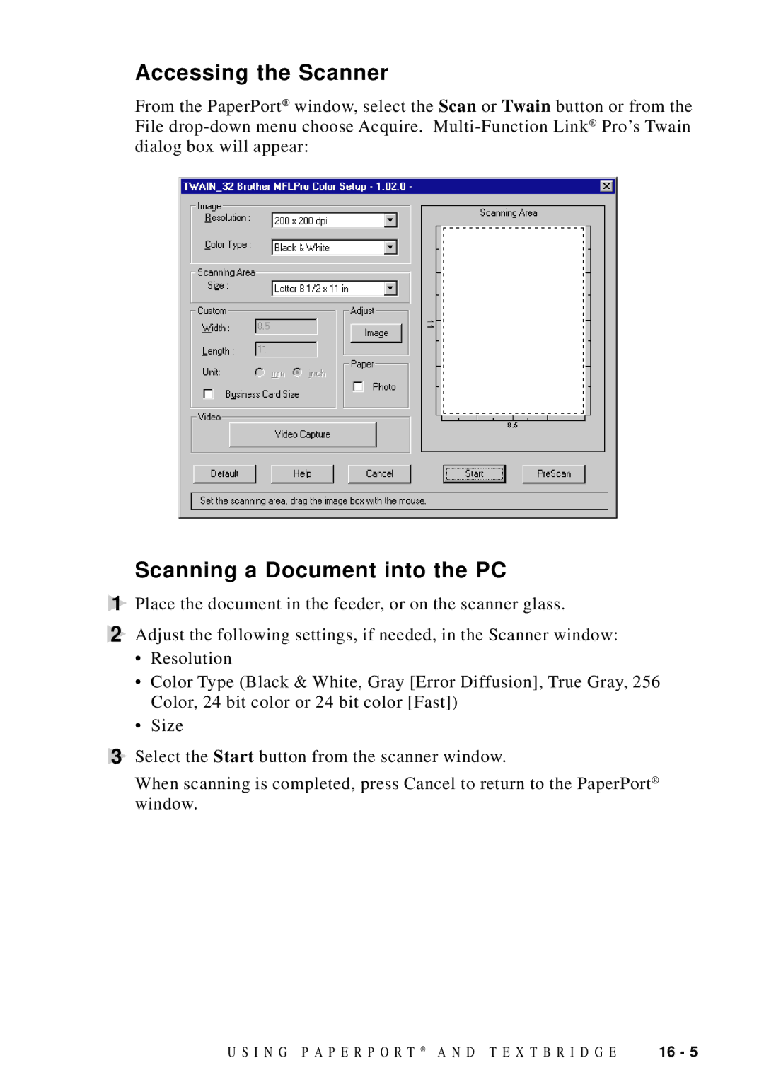 Brother MFC-9100C manual Accessing the Scanner, Scanning a Document into the PC 