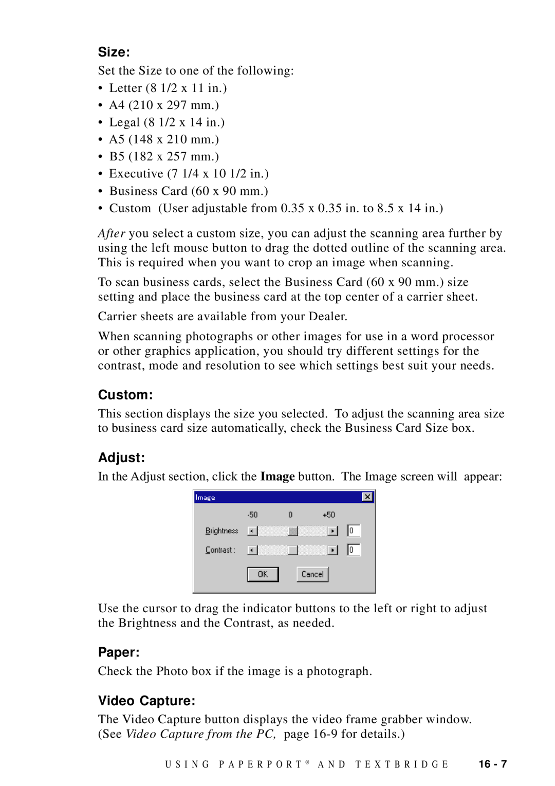 Brother MFC-9100C manual Size, Custom, Adjust, Paper, Video Capture 