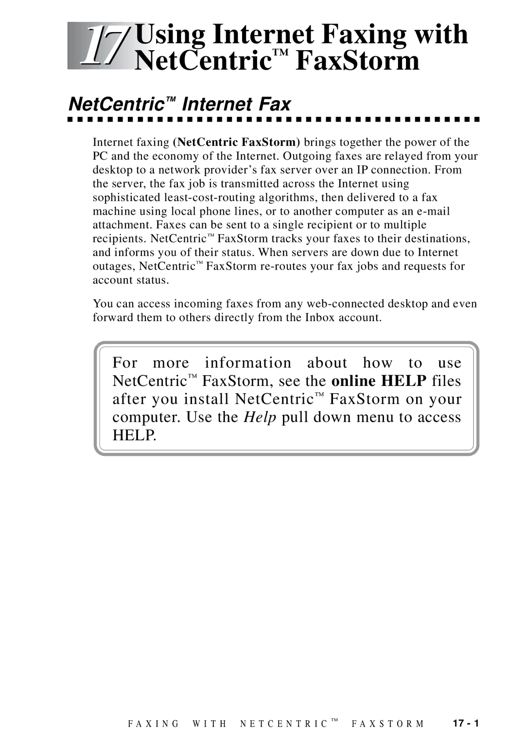 Brother MFC-9100C manual 17Using Internet Faxing with NetCentric FaxStorm, NetCentric Internet Fax 