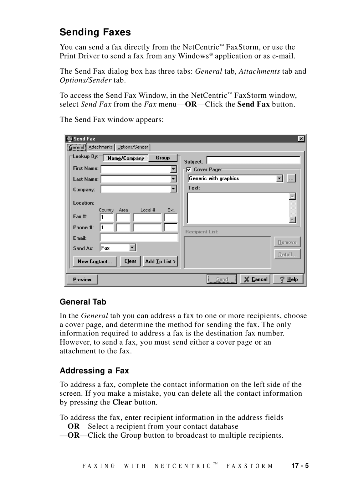 Brother MFC-9100C manual Sending Faxes, Send Fax button, General Tab, Addressing a Fax 