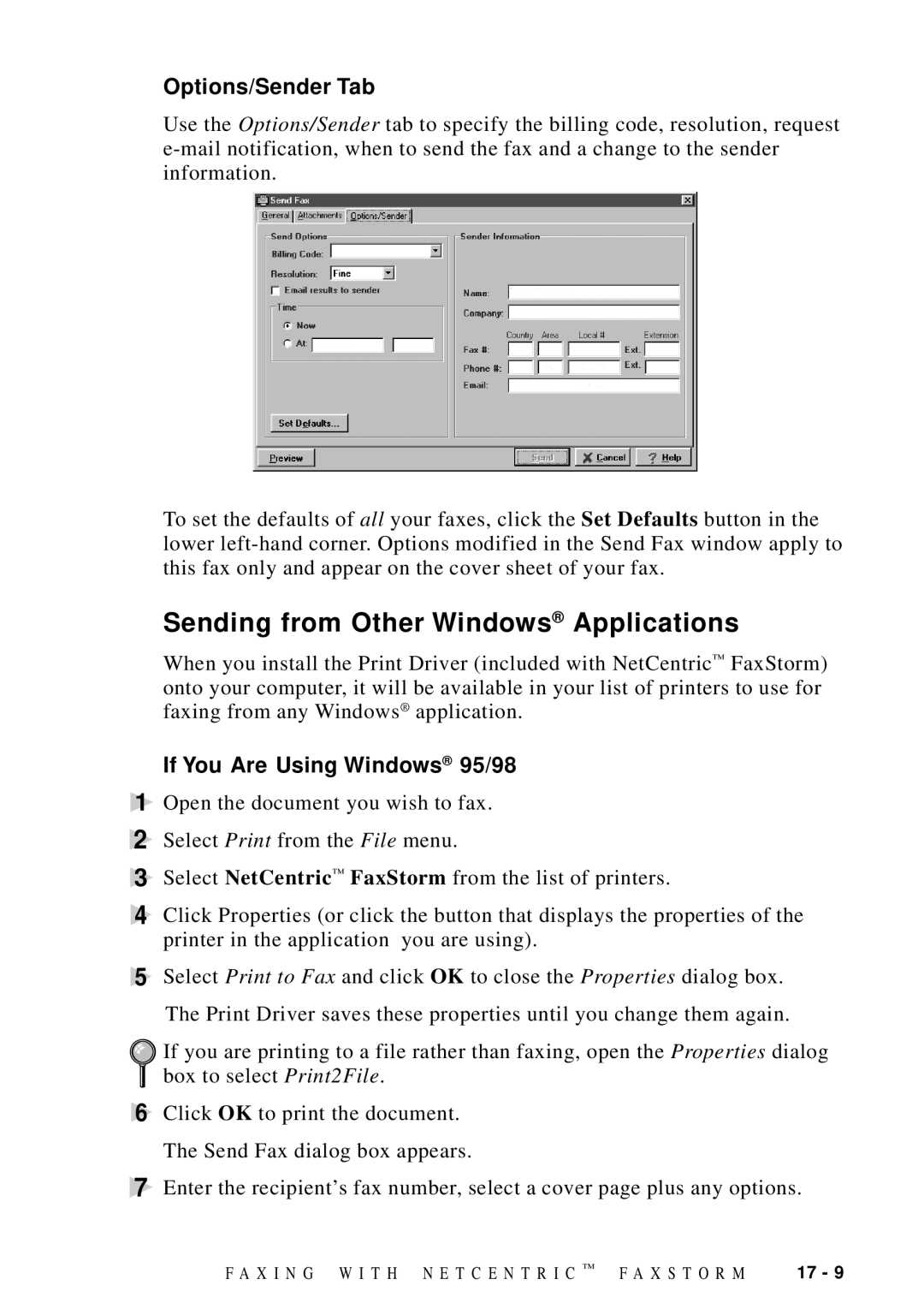 Brother MFC-9100C manual Sending from Other Windows Applications, Options/Sender Tab, If You Are Using Windows 95/98 