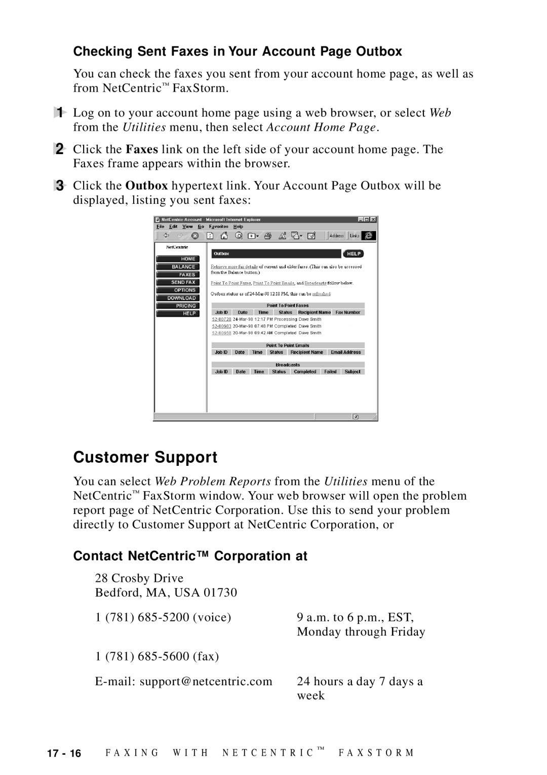 Brother MFC-9100C Customer Support, Checking Sent Faxes in Your Account Page Outbox, Contact NetCentric Corporation at 