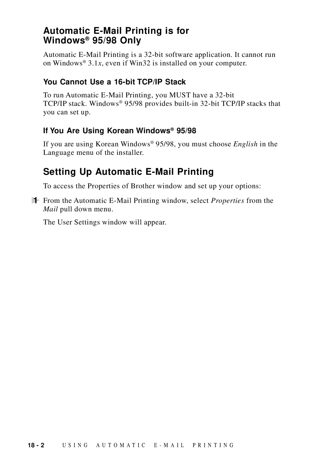 Brother MFC-9100C manual Automatic E-Mail Printing is for Windows 95/98 Only, Setting Up Automatic E-Mail Printing 