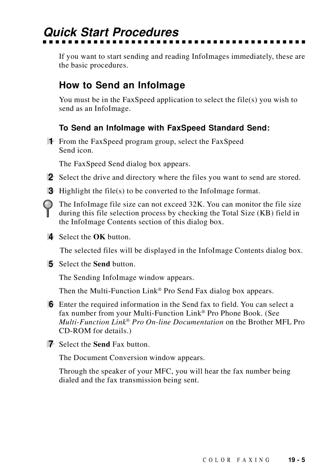 Brother MFC-9100C manual Quick Start Procedures, How to Send an InfoImage, To Send an InfoImage with FaxSpeed Standard Send 