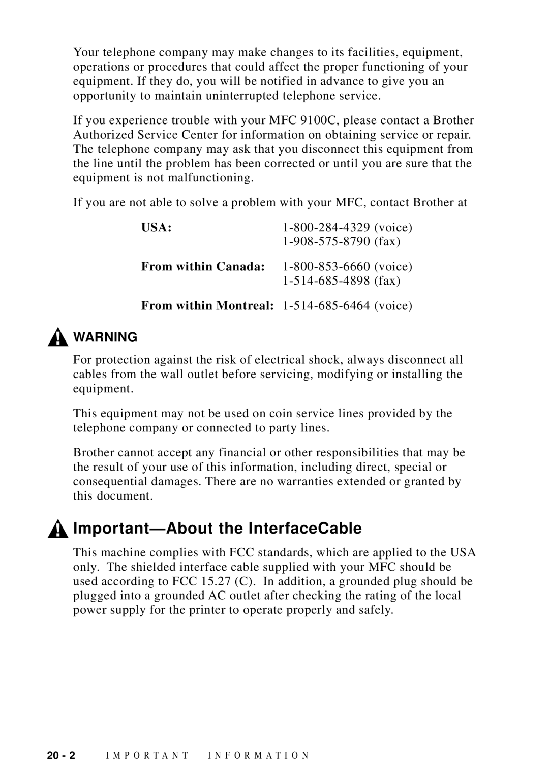 Brother MFC-9100C manual Important-About the InterfaceCable, From within Canada 