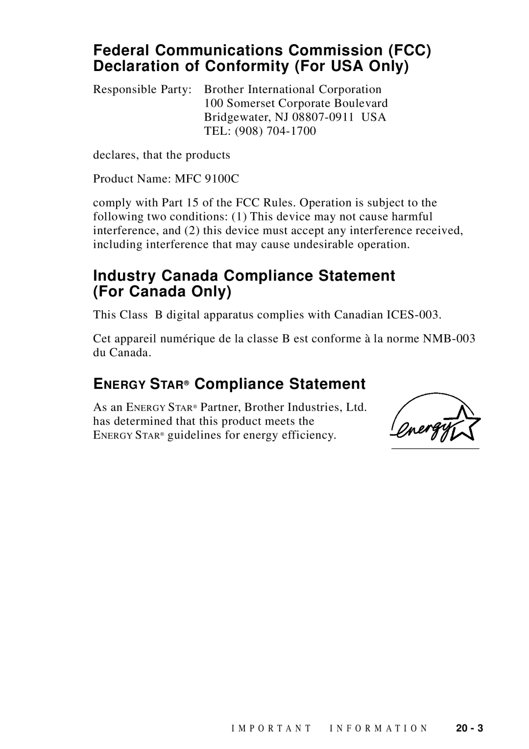 Brother MFC-9100C manual Industry Canada Compliance Statement For Canada Only, Energy Star Compliance Statement 