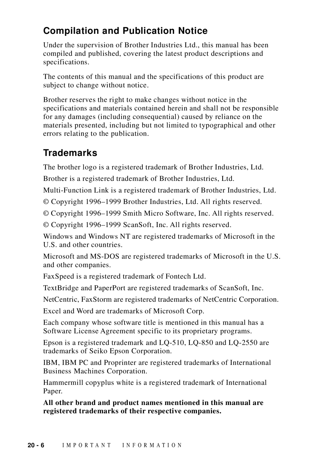 Brother MFC-9100C manual Compilation and Publication Notice, Trademarks 