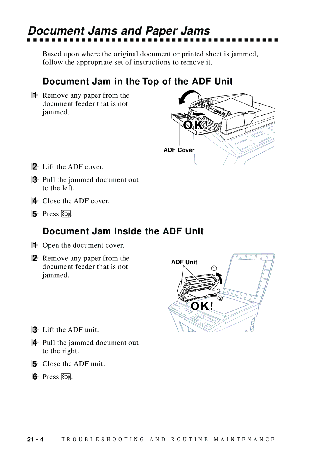 Brother MFC-9100C Document Jams and Paper Jams, Document Jam in the Top of the ADF Unit, Document Jam Inside the ADF Unit 