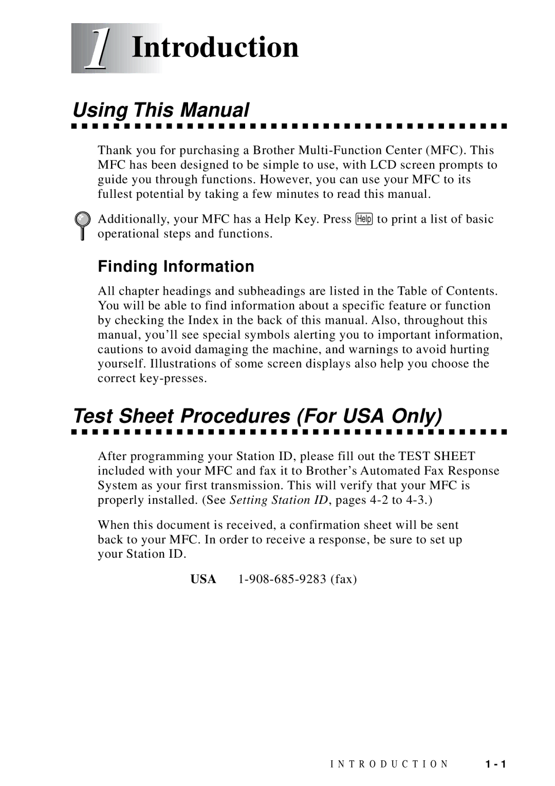 Brother MFC-9100C manual Introduction, Using This Manual, Test Sheet Procedures For USA Only, Finding Information 