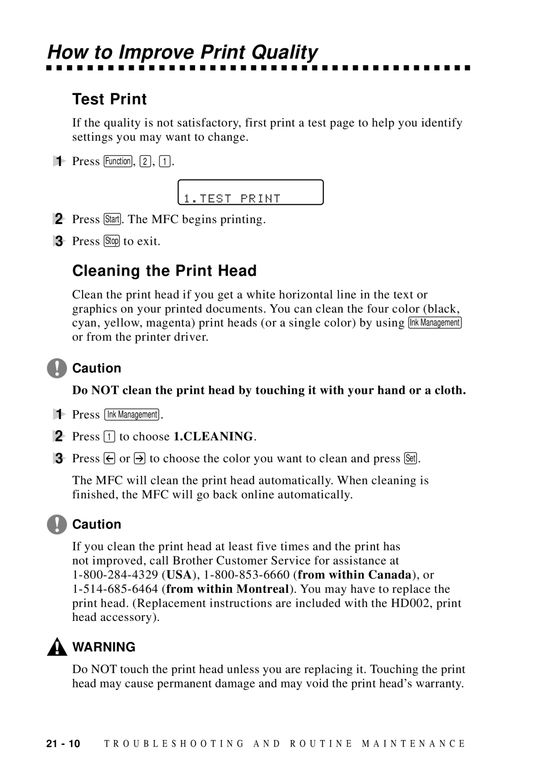 Brother MFC-9100C manual How to Improve Print Quality, Test Print, Cleaning the Print Head 