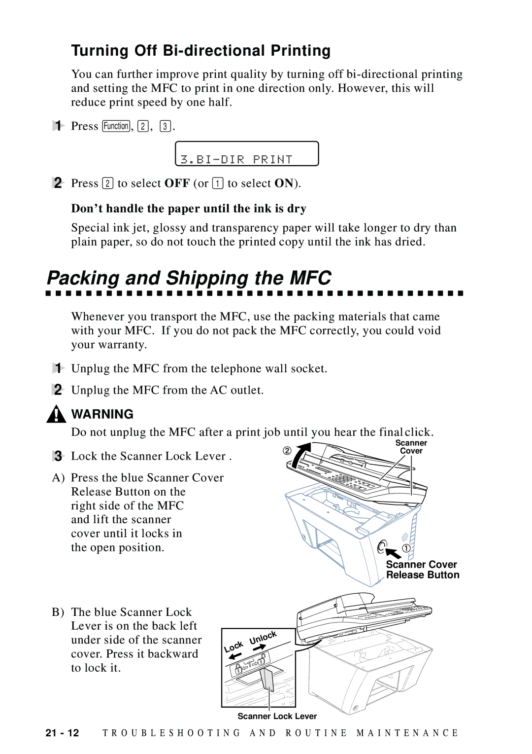 Brother MFC-9100C manual Packing and Shipping the MFC, Don’t handle the paper until the ink is dry 