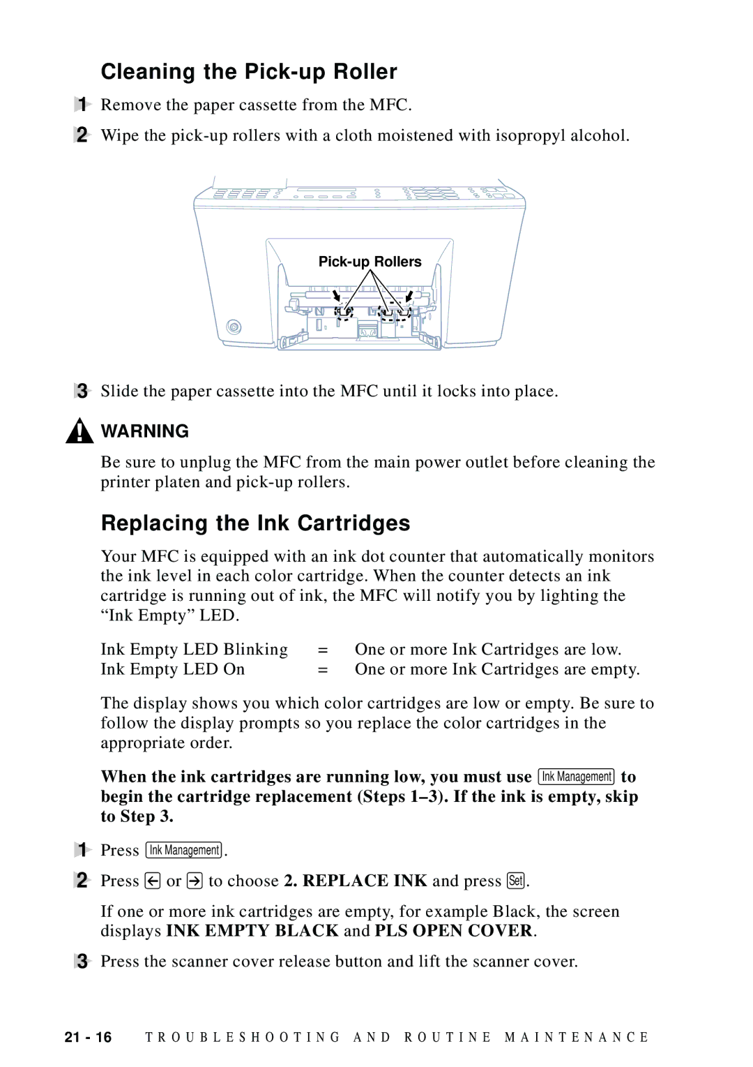 Brother MFC-9100C manual Cleaning the Pick-up Roller, Replacing the Ink Cartridges 