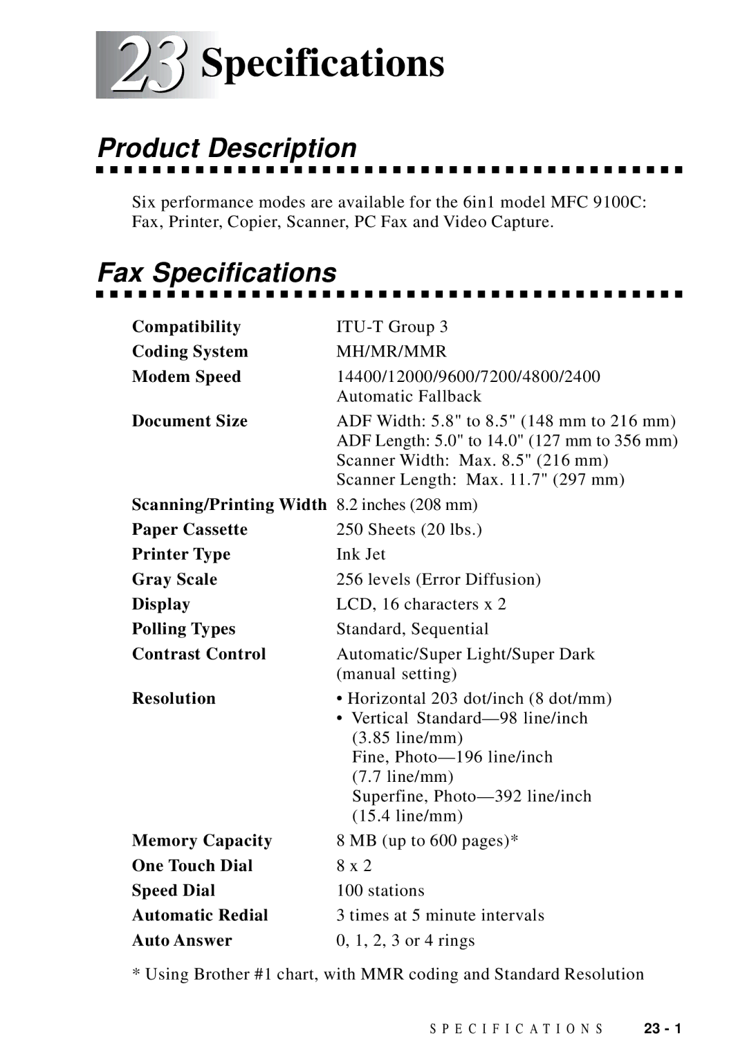 Brother MFC-9100C manual Product Description, Fax Specifications 