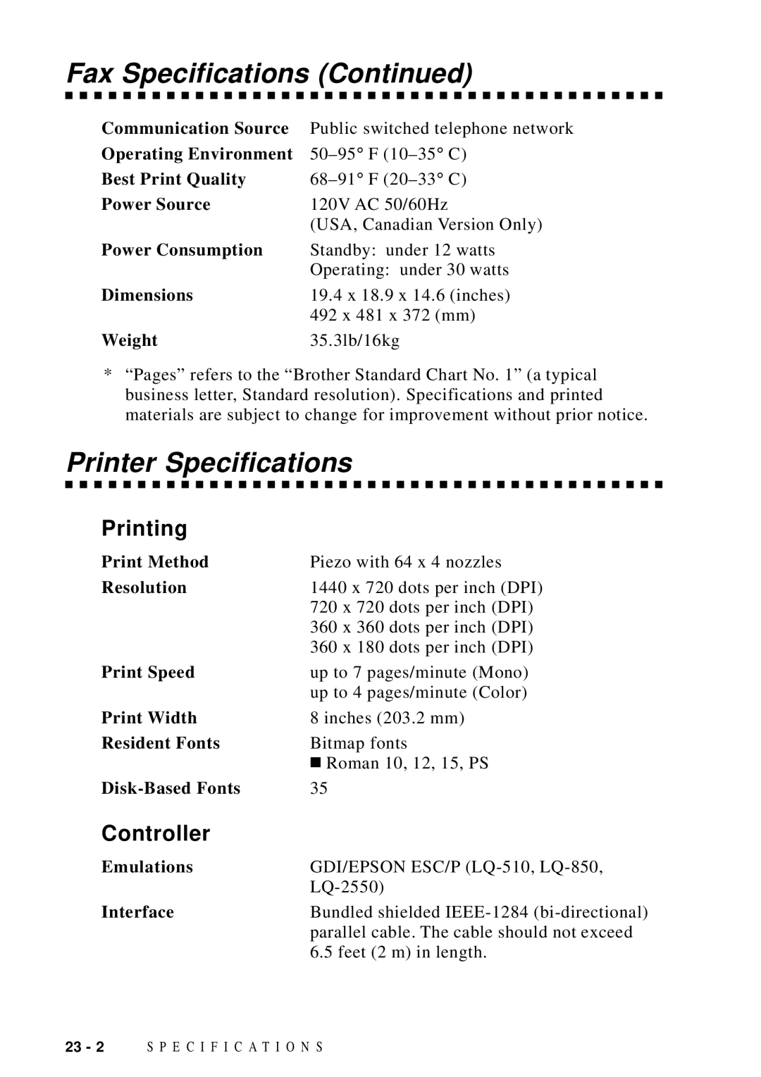 Brother MFC-9100C manual Printer Specifications, Printing, Controller 