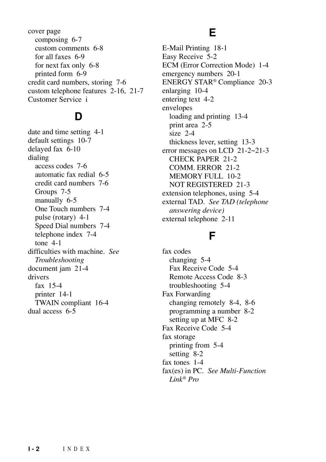 Brother MFC-9100C manual Check Paper COMM. Error Memory Full 10-2 not Registered, Answering device external telephone 