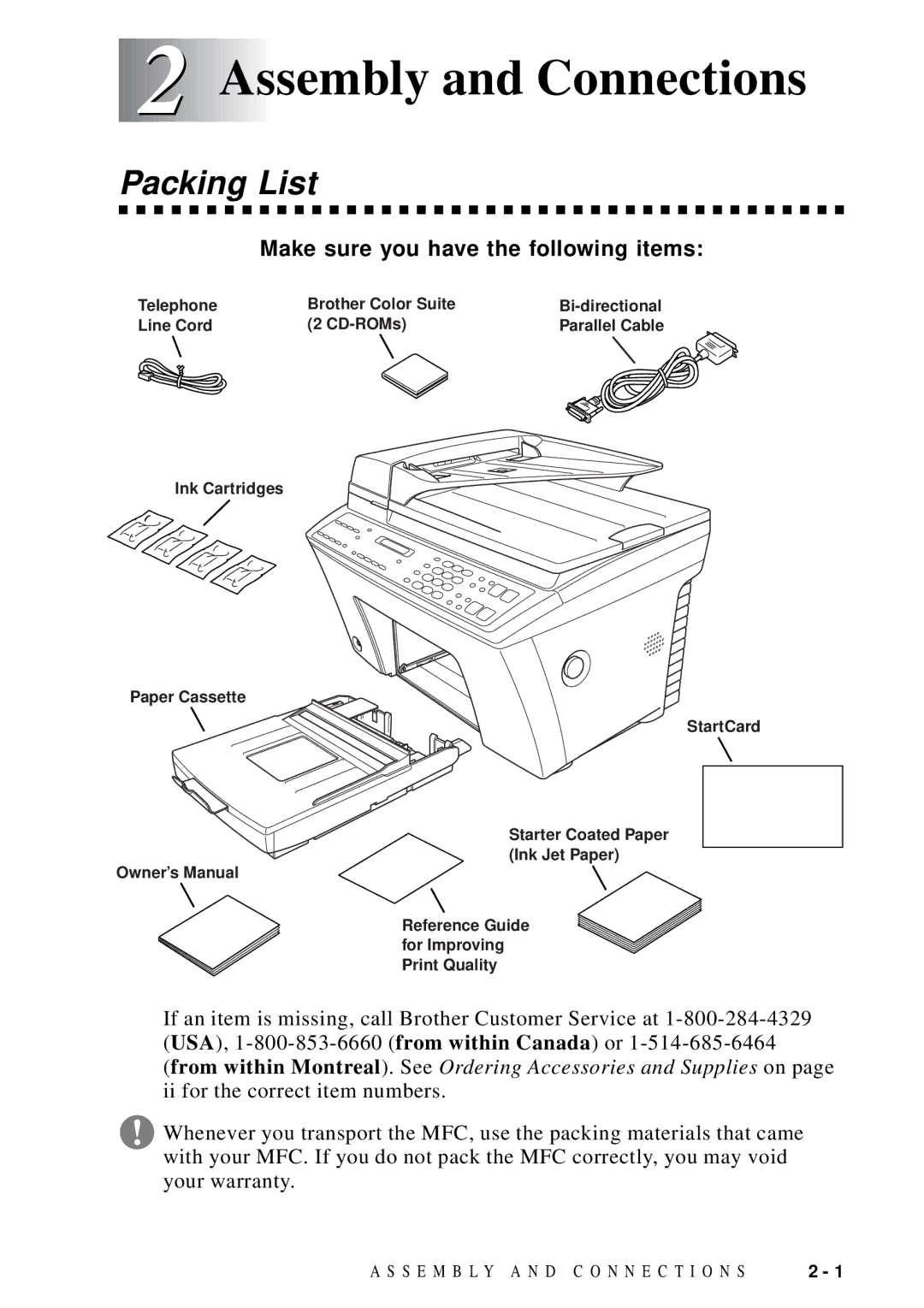 Brother MFC-9100C manual Assembly and Connections, Packing List, Make sure you have the following items 