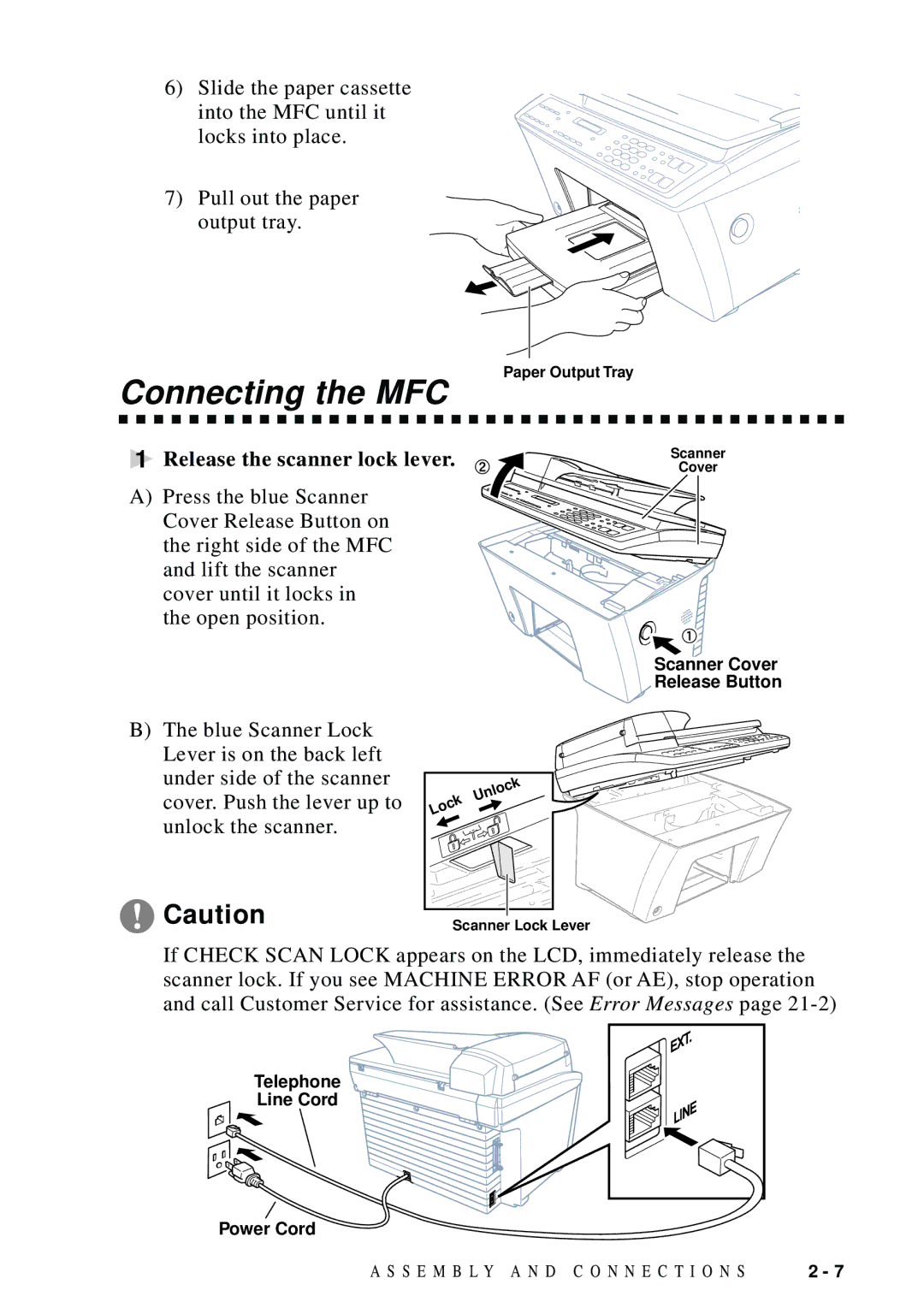 Brother MFC-9100C manual Connecting the MFC, Release the scanner lock lever 