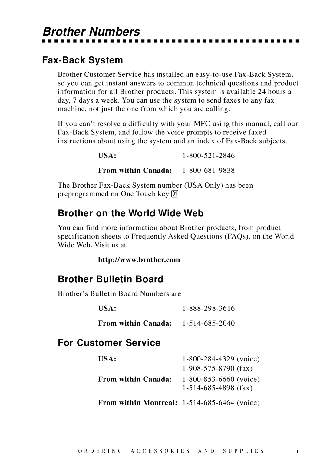 Brother MFC-9100C manual Brother Numbers, Fax-Back System, Brother on the World Wide Web, Brother Bulletin Board 