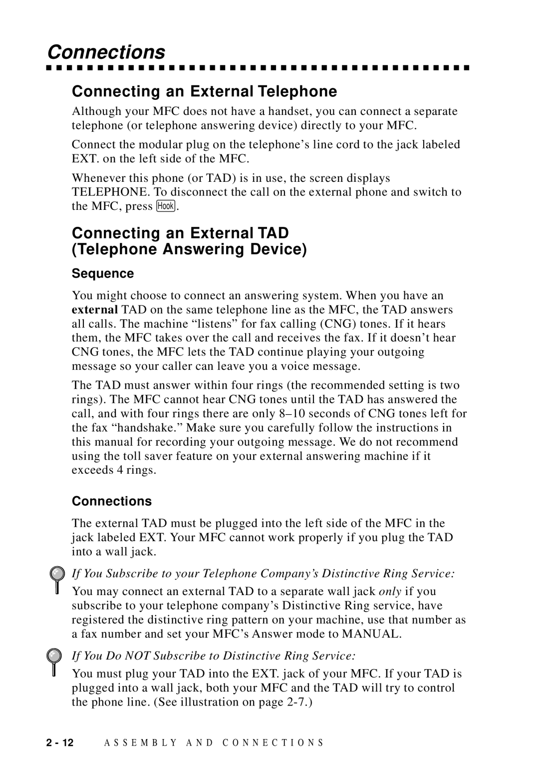 Brother MFC-9100C Connections, Connecting an External Telephone, Connecting an External TAD Telephone Answering Device 