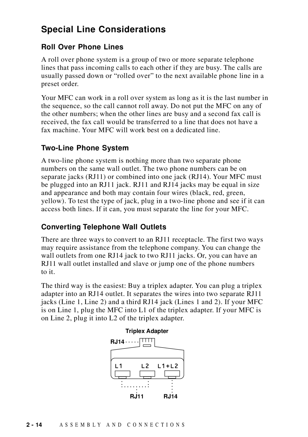 Brother MFC-9100C manual Special Line Considerations, Roll Over Phone Lines, Two-Line Phone System 