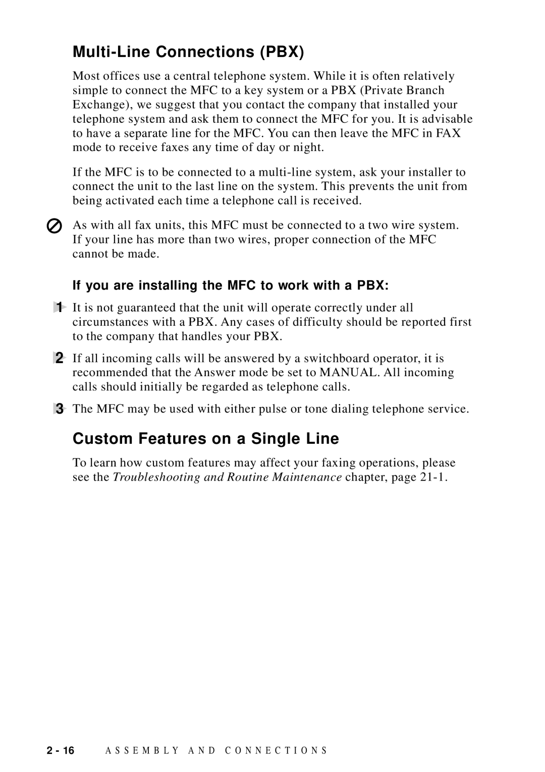 Brother MFC-9100C manual Multi-Line Connections PBX, Custom Features on a Single Line 