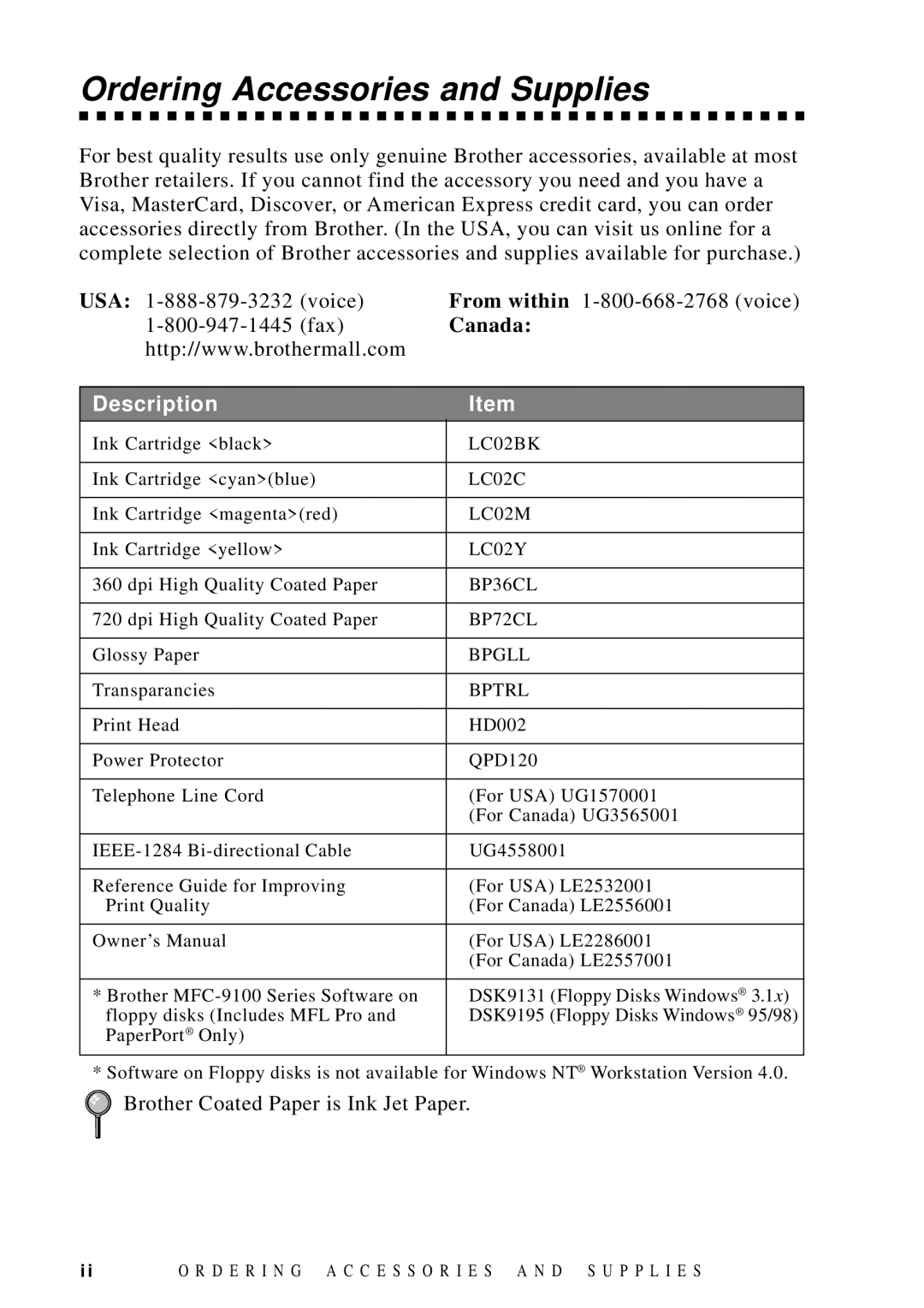 Brother MFC-9100C manual Ordering Accessories and Supplies, Canada 