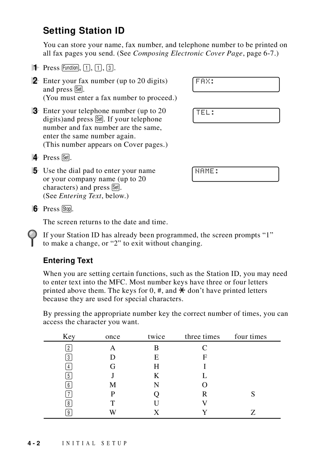 Brother MFC-9100C manual Setting Station ID, Fax, Tel, Name, Entering Text 