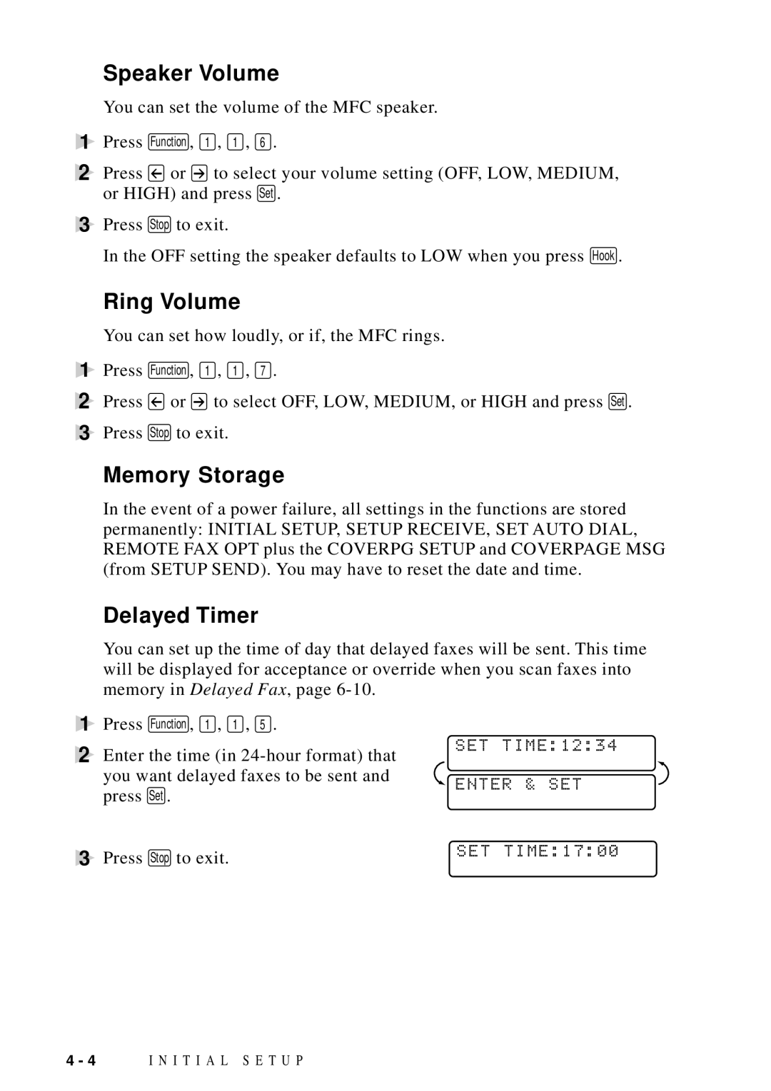 Brother MFC-9100C manual Speaker Volume, Ring Volume, Memory Storage, Delayed Timer, Enter & SET 