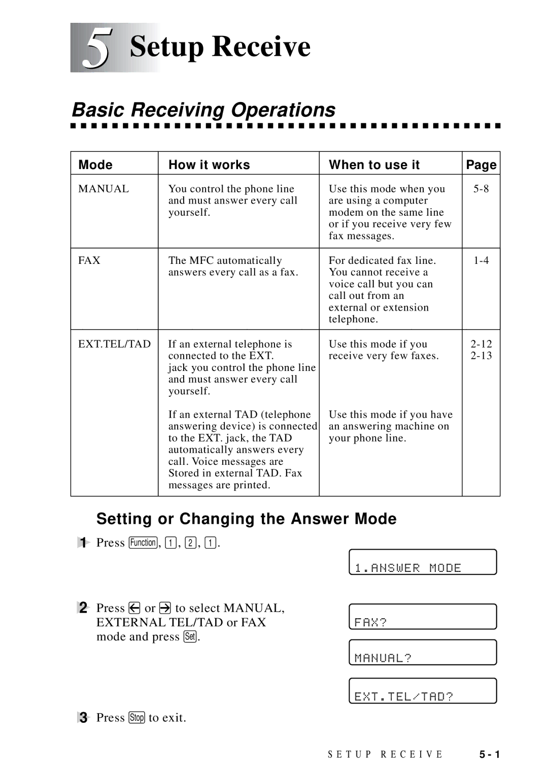 Brother MFC-9100C manual Setup Receive, Basic Receiving Operations, Setting or Changing the Answer Mode 