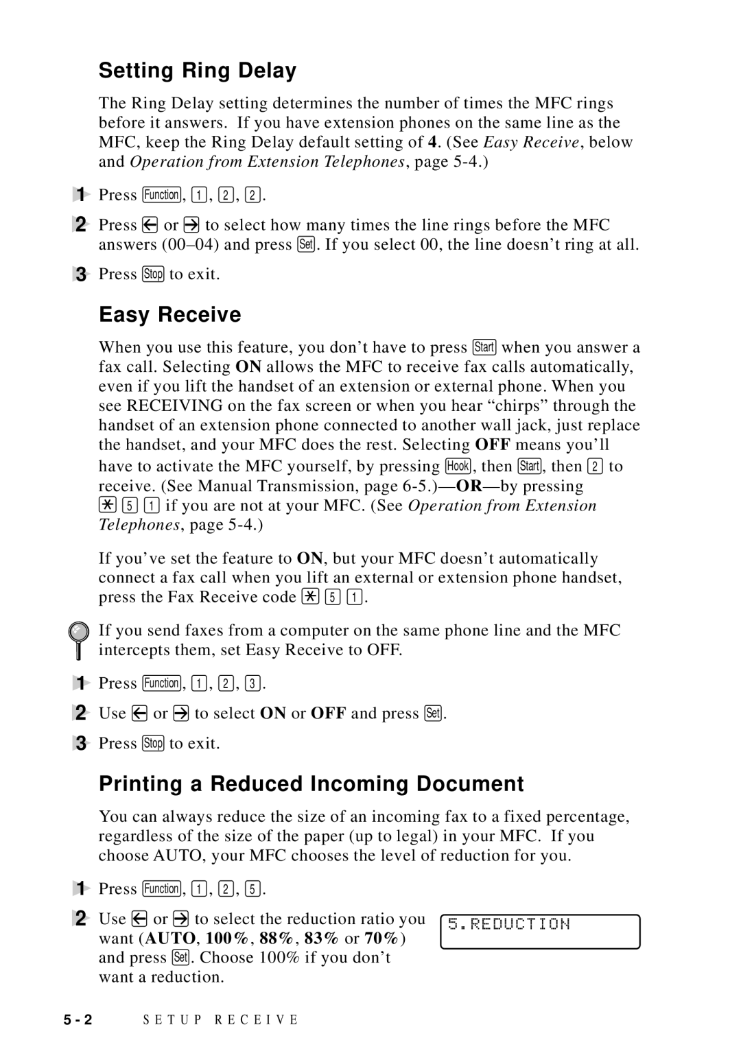 Brother MFC-9100C manual Setting Ring Delay, Easy Receive, Printing a Reduced Incoming Document 