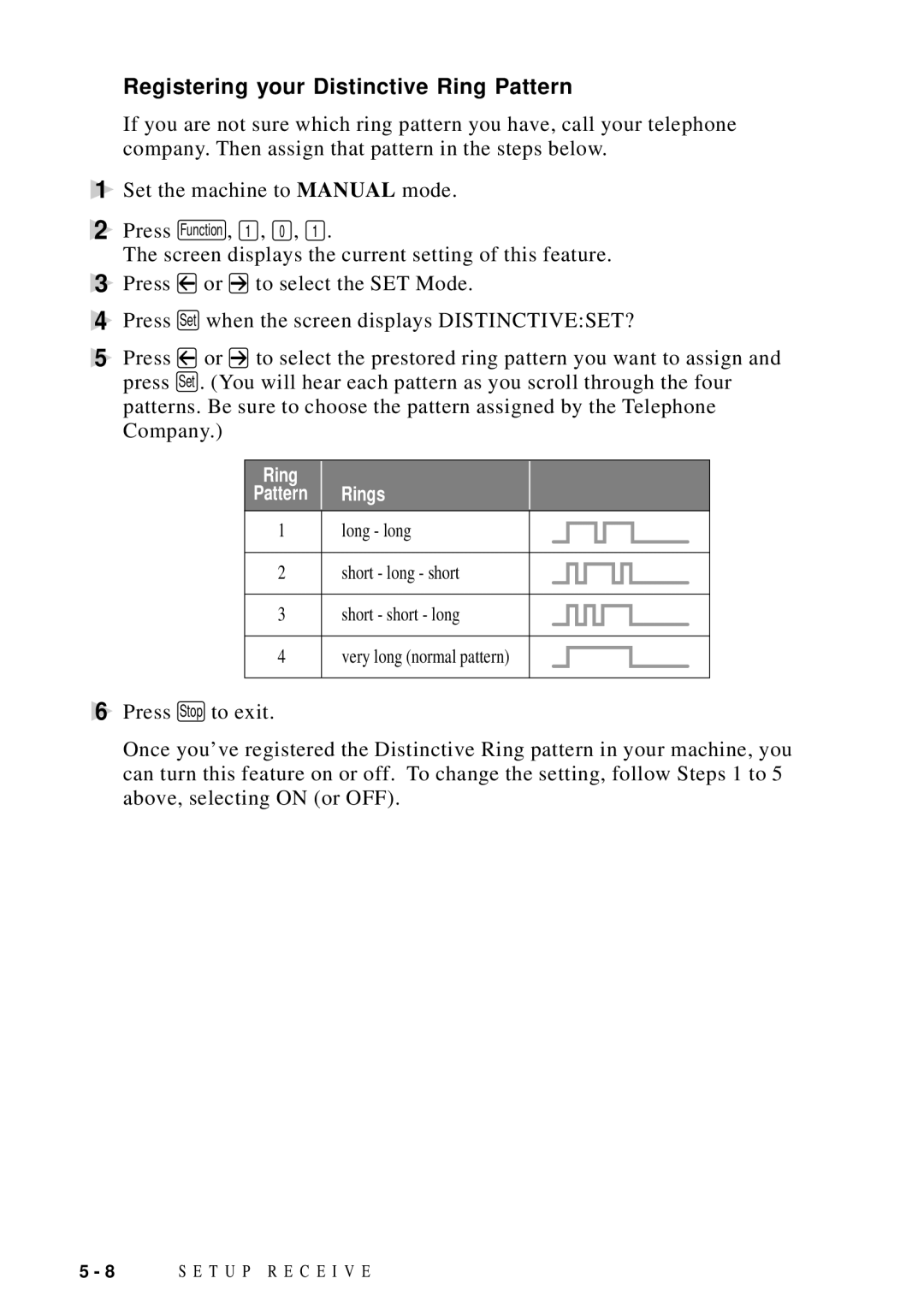 Brother MFC-9100C manual Registering your Distinctive Ring Pattern 