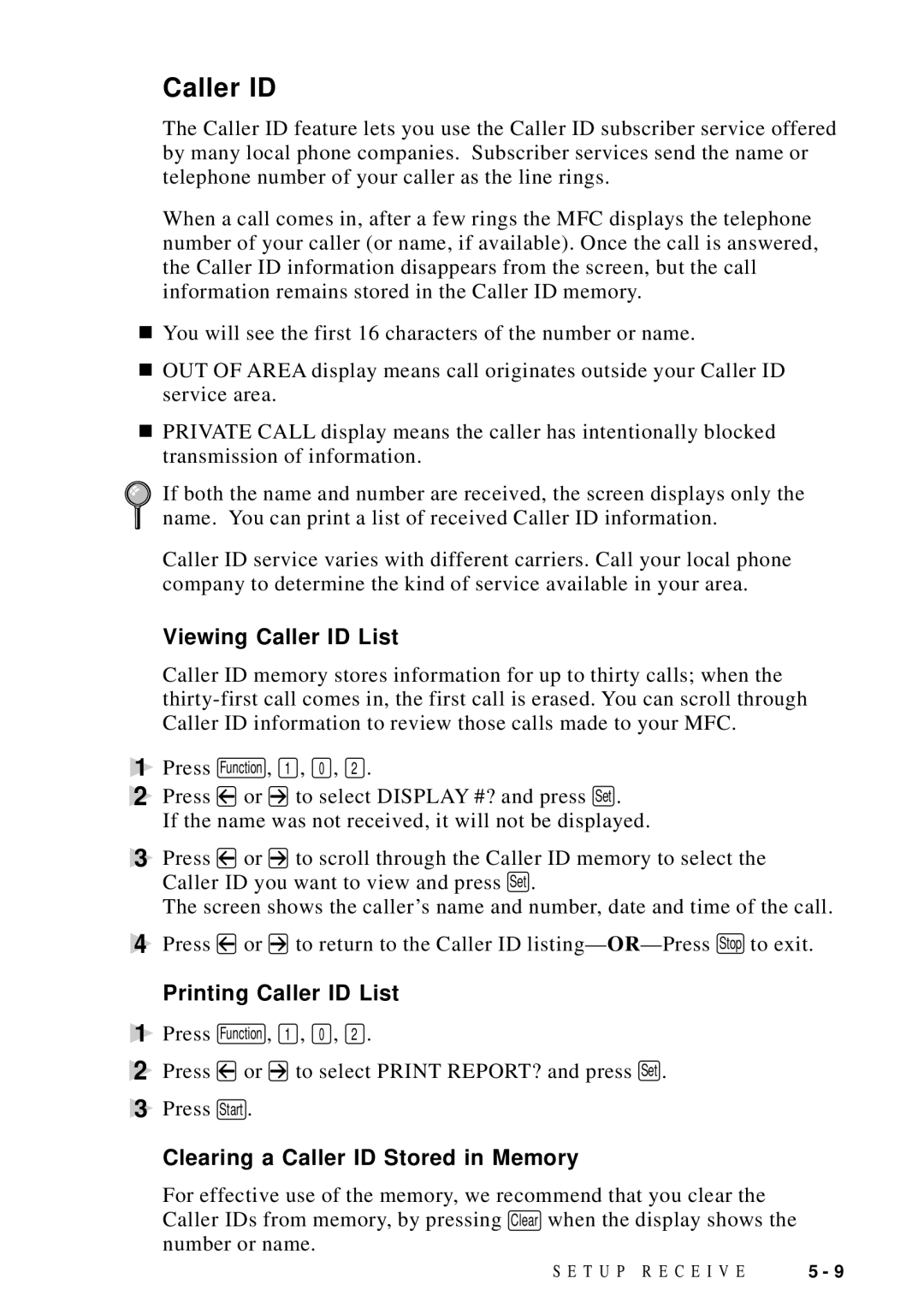 Brother MFC-9100C manual Viewing Caller ID List, Printing Caller ID List, Clearing a Caller ID Stored in Memory 