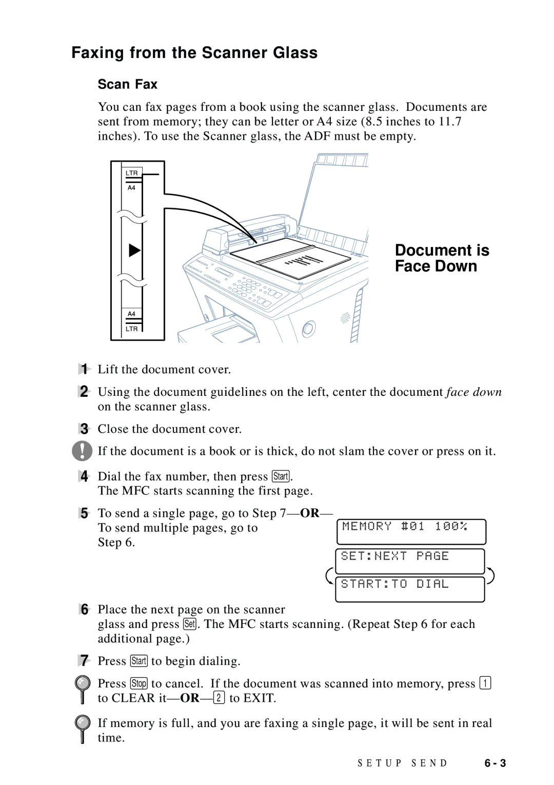 Brother MFC-9100C manual Faxing from the Scanner Glass, Document is Face Down, Scan Fax, Setnext Startto Dial 