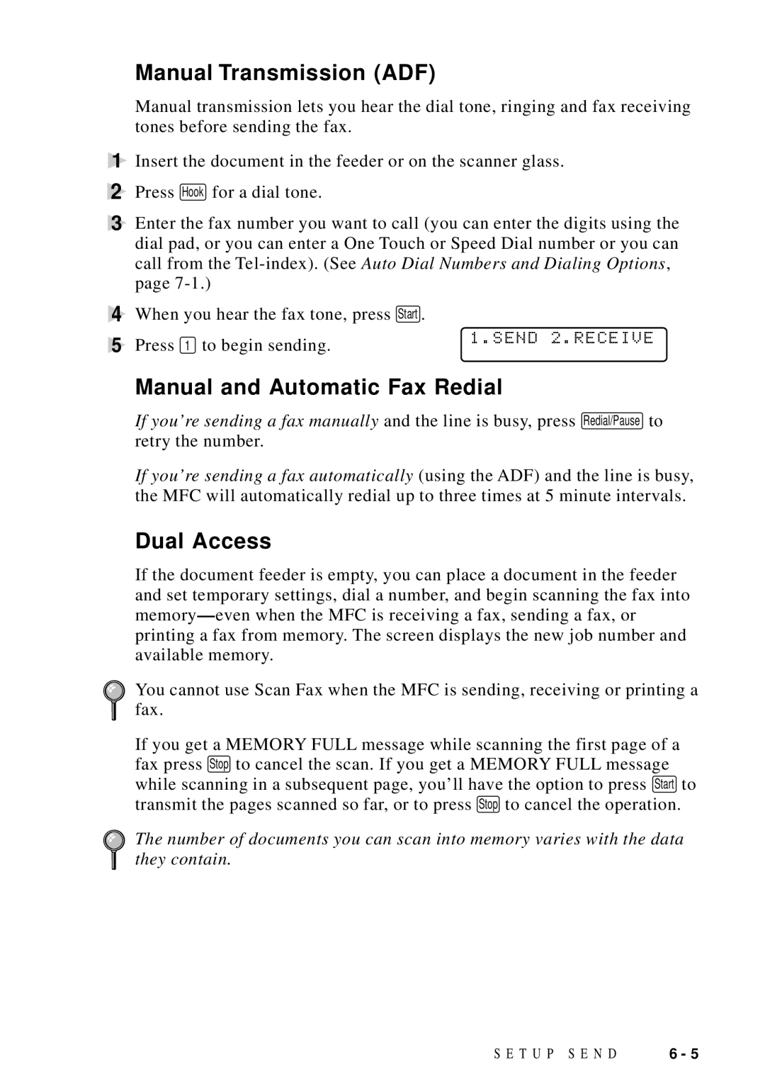 Brother MFC-9100C manual Manual Transmission ADF, Manual and Automatic Fax Redial, Dual Access, Send 2.RECEIVE 