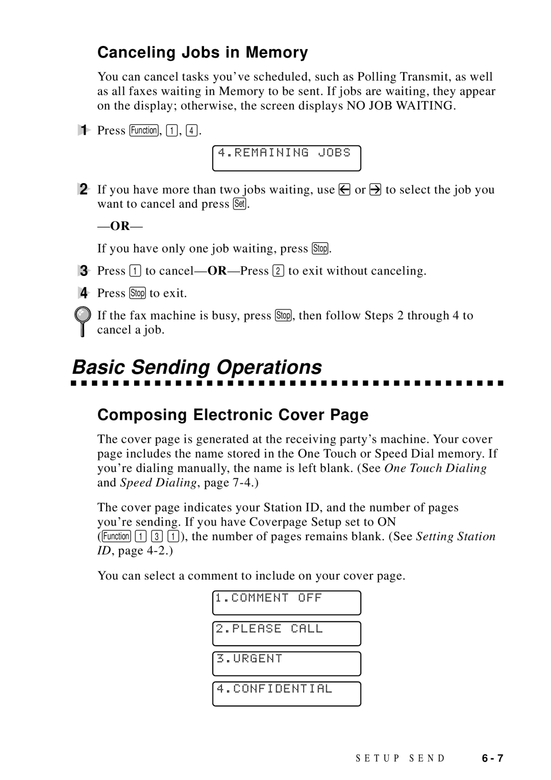 Brother MFC-9100C manual Basic Sending Operations, Canceling Jobs in Memory, Composing Electronic Cover 