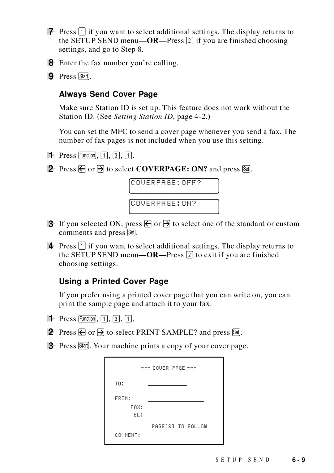 Brother MFC-9100C manual Always Send Cover, Coverpageoff? Coverpageon?, Using a Printed Cover 