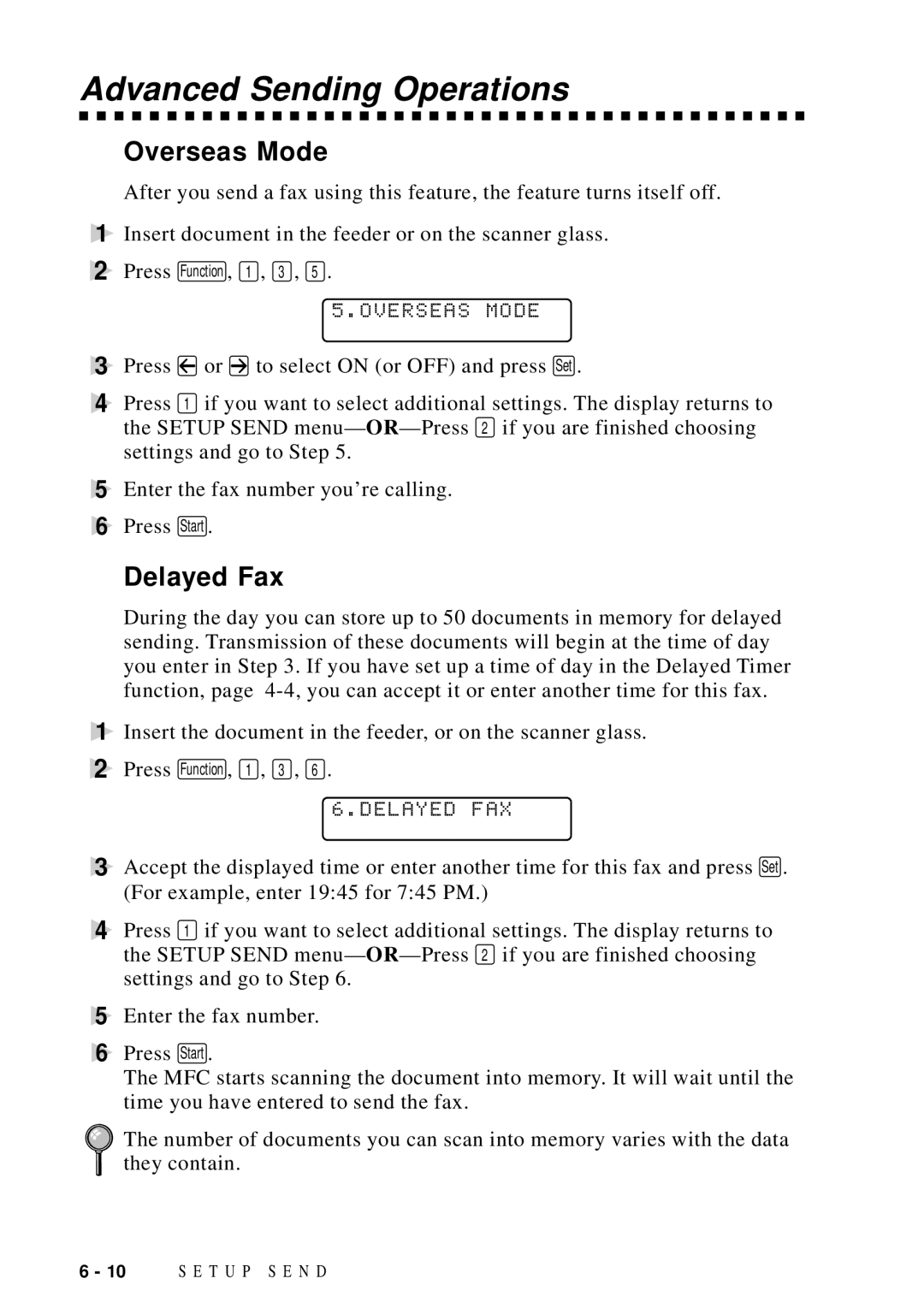 Brother MFC-9100C manual Advanced Sending Operations, Overseas Mode, Delayed Fax, Delayed FAX 