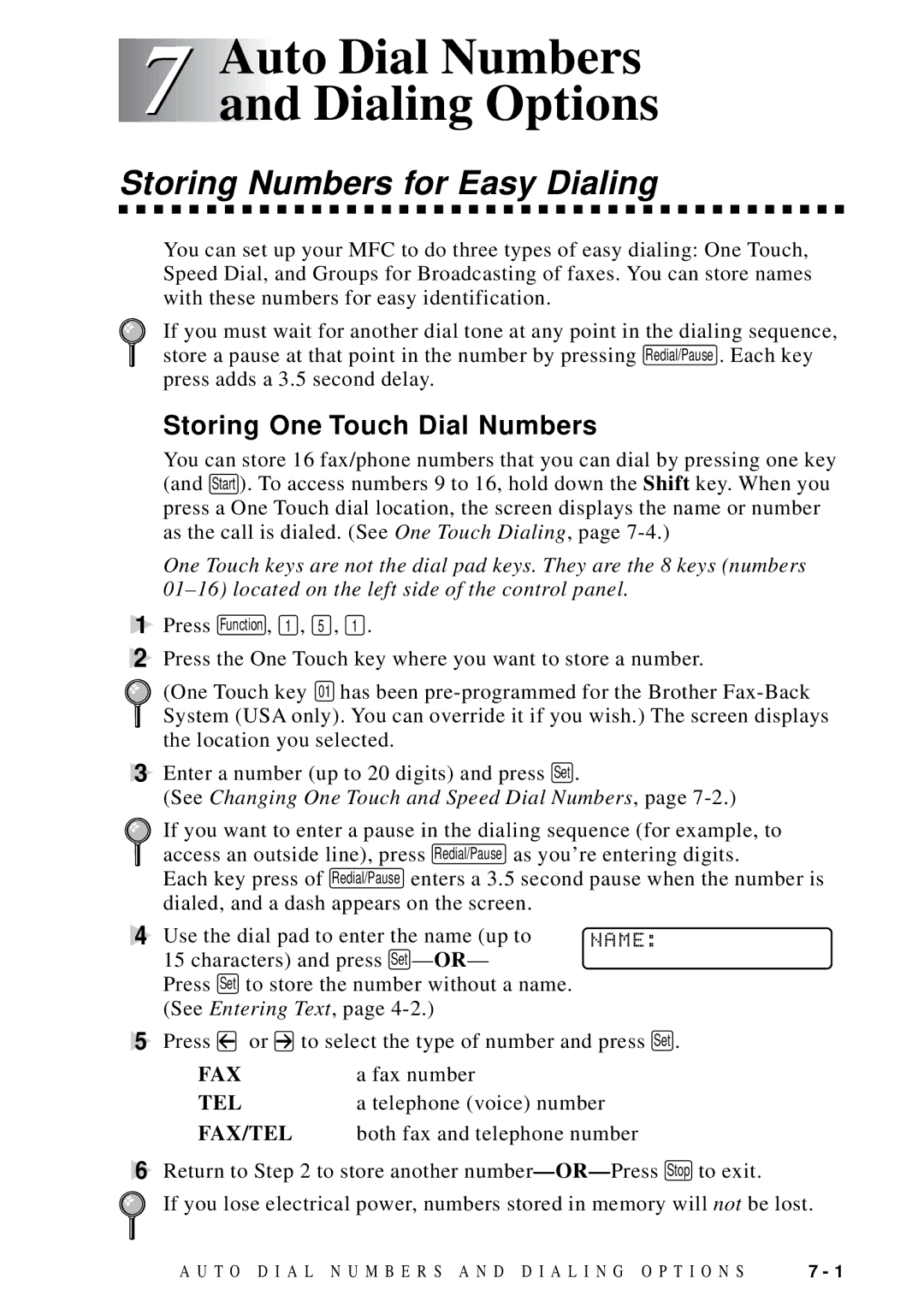 Brother MFC-9100C Auto Dial Numbers and Dialing Options, Storing Numbers for Easy Dialing, Storing One Touch Dial Numbers 