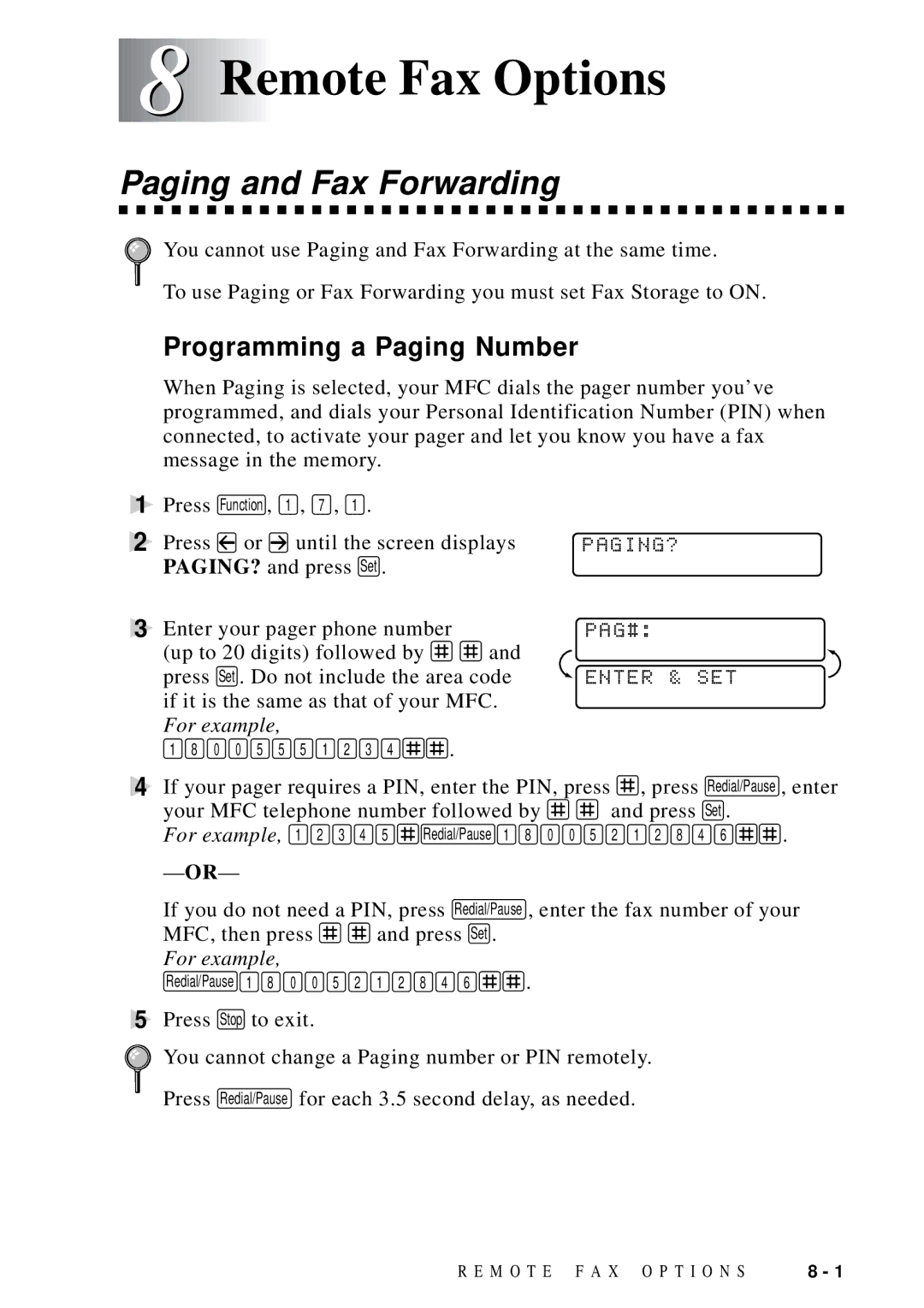 Brother MFC-9100C manual Remote Fax Options, Paging and Fax Forwarding, Programming a Paging Number, Paging?, Pag# 