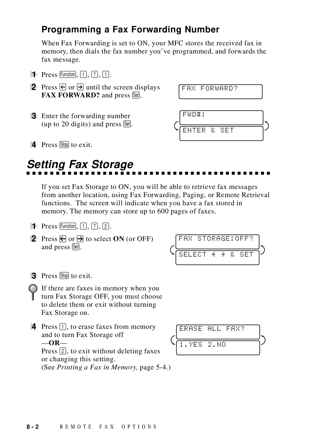 Brother MFC-9100C manual Setting Fax Storage, Programming a Fax Forwarding Number 