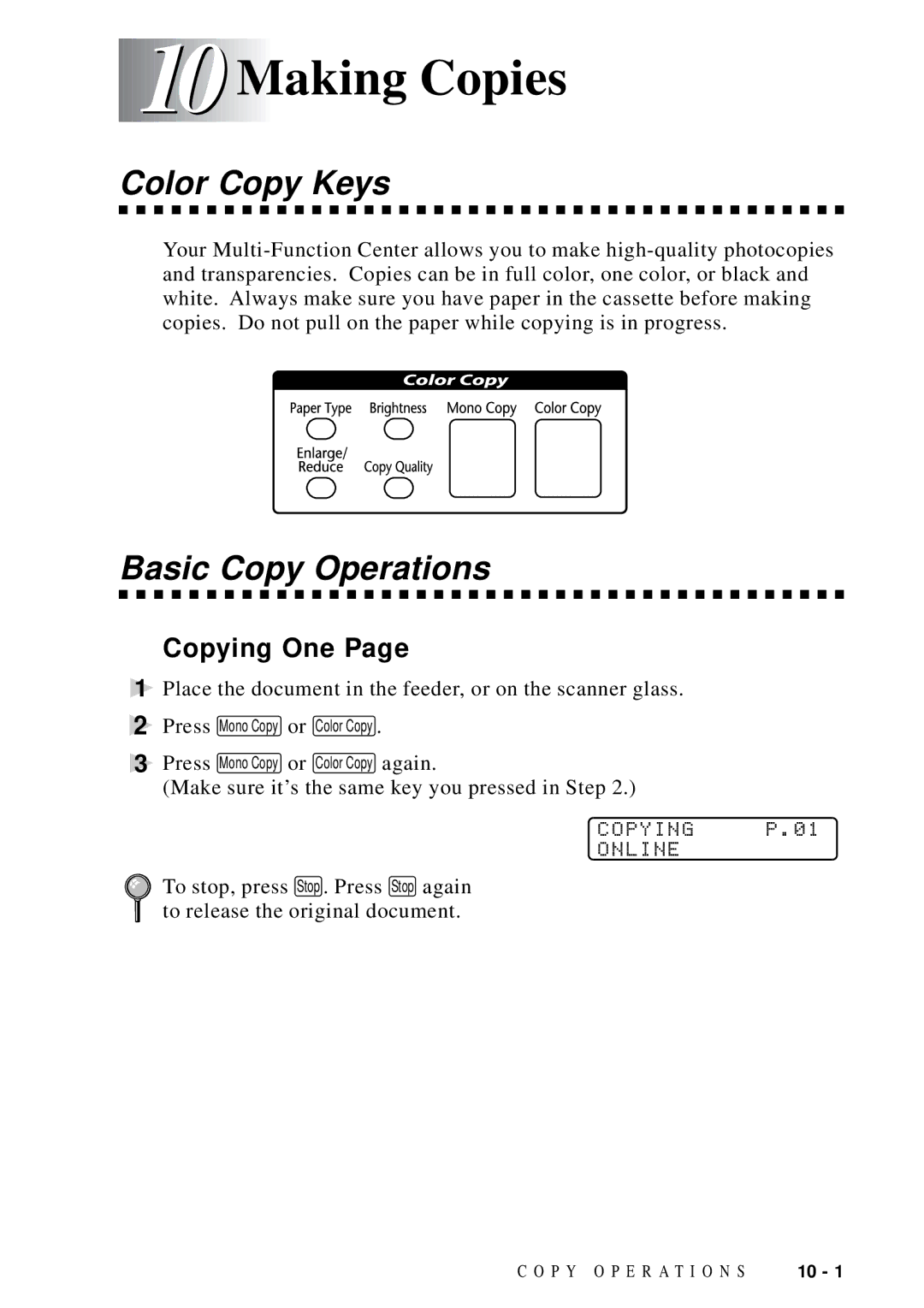 Brother MFC-9100C manual Making Copies, Color Copy Keys, Basic Copy Operations, Copying One, Copying Online 