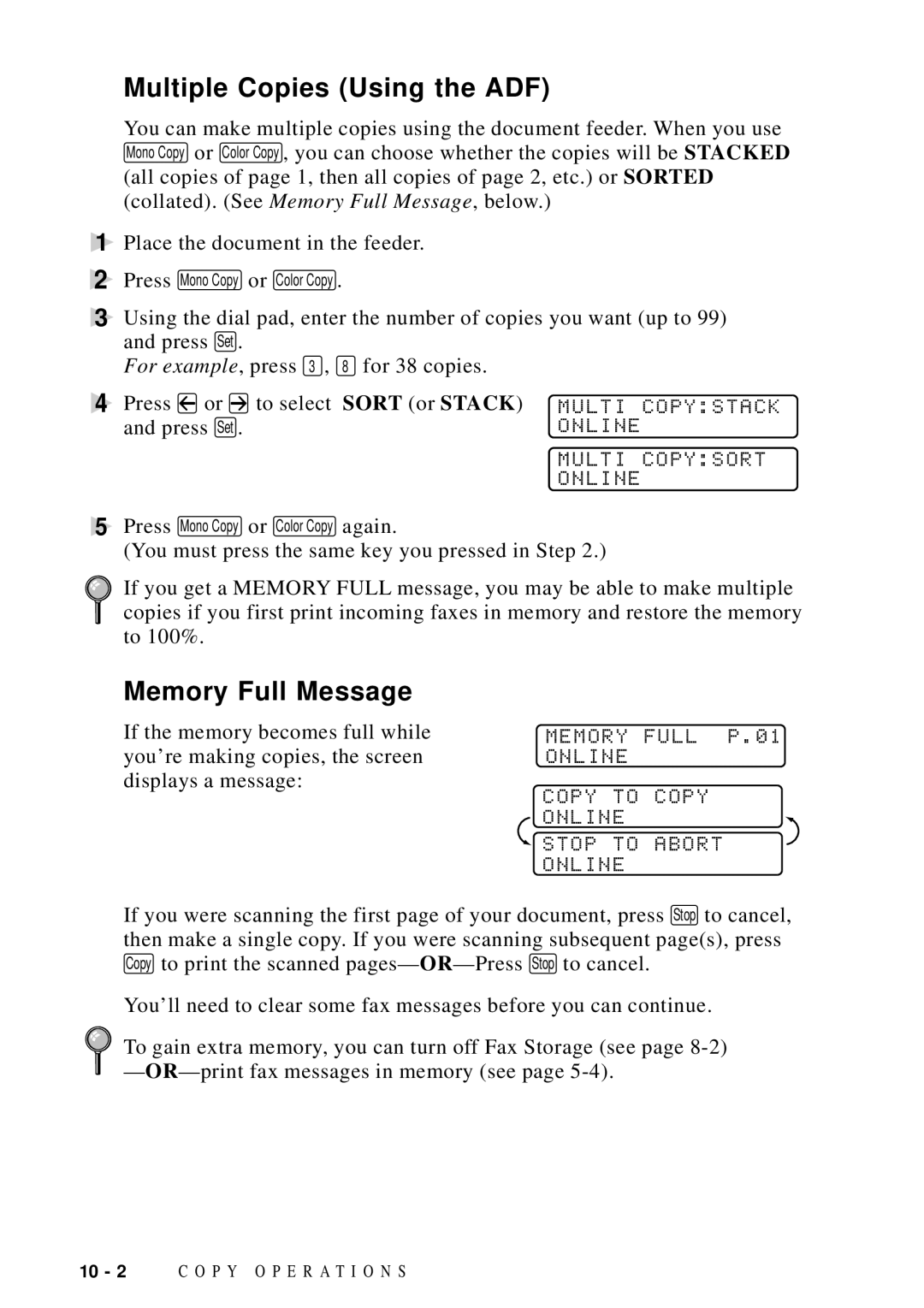 Brother MFC-9100C manual Multiple Copies Using the ADF, Memory Full Message, Multi Copystack, Multi Copysort Online 