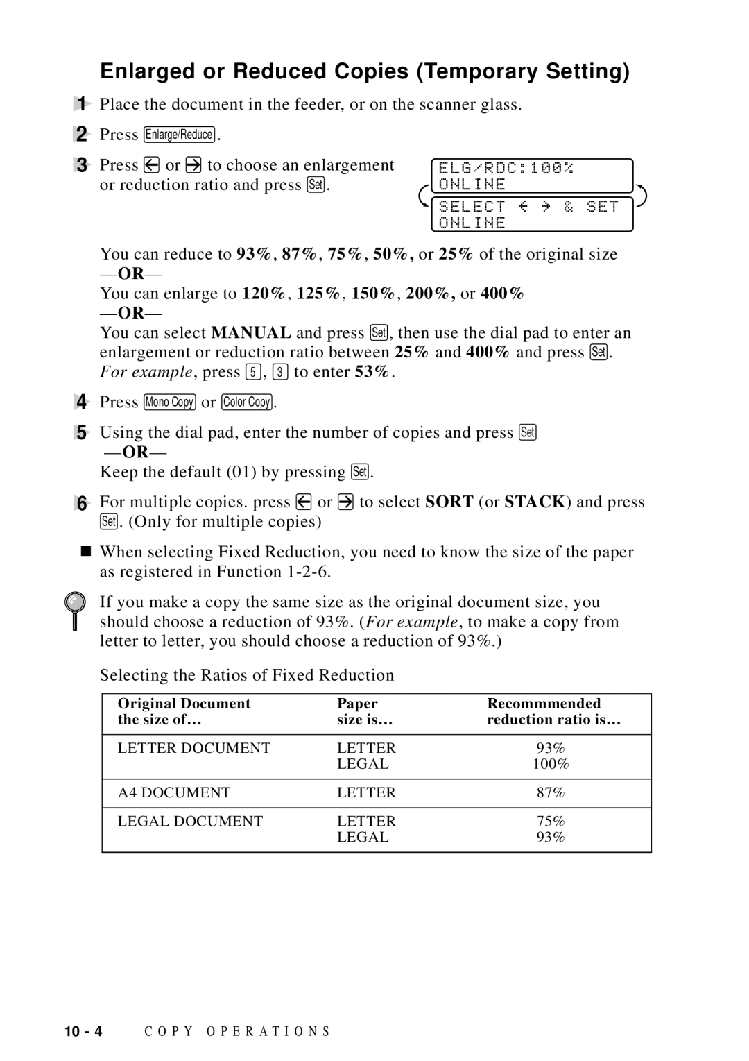 Brother MFC-9100C manual Enlarged or Reduced Copies Temporary Setting, Online Select SET 