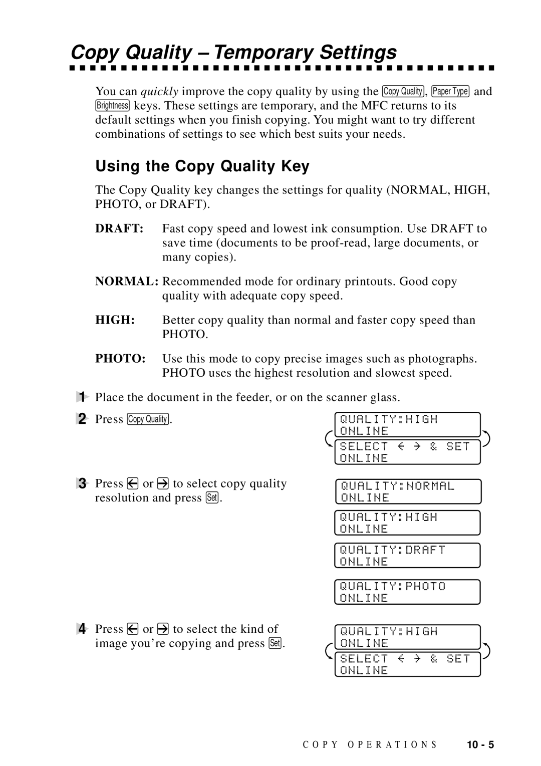 Brother MFC-9100C manual Copy Quality Temporary Settings, Using the Copy Quality Key, Photo, Qualityhigh 