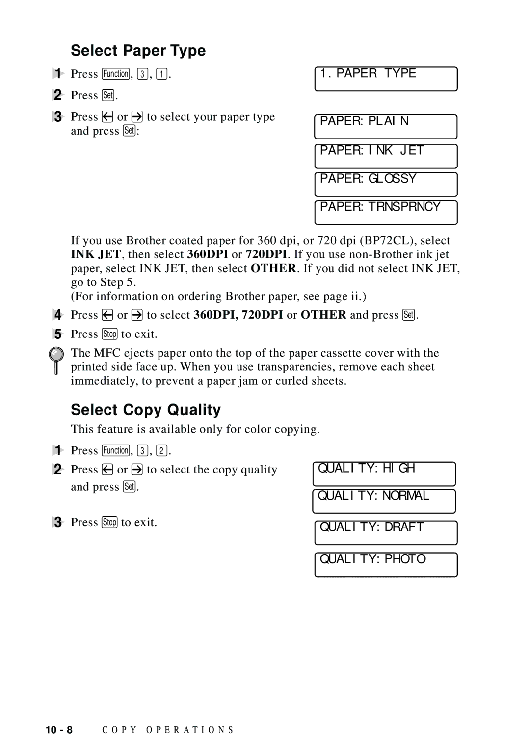 Brother MFC-9100C manual Select Paper Type, Select Copy Quality 