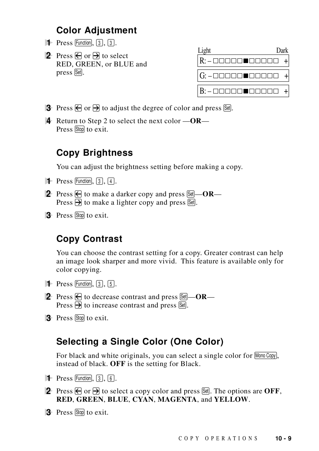 Brother MFC-9100C manual Color Adjustment, Copy Brightness, Copy Contrast, Selecting a Single Color One Color 