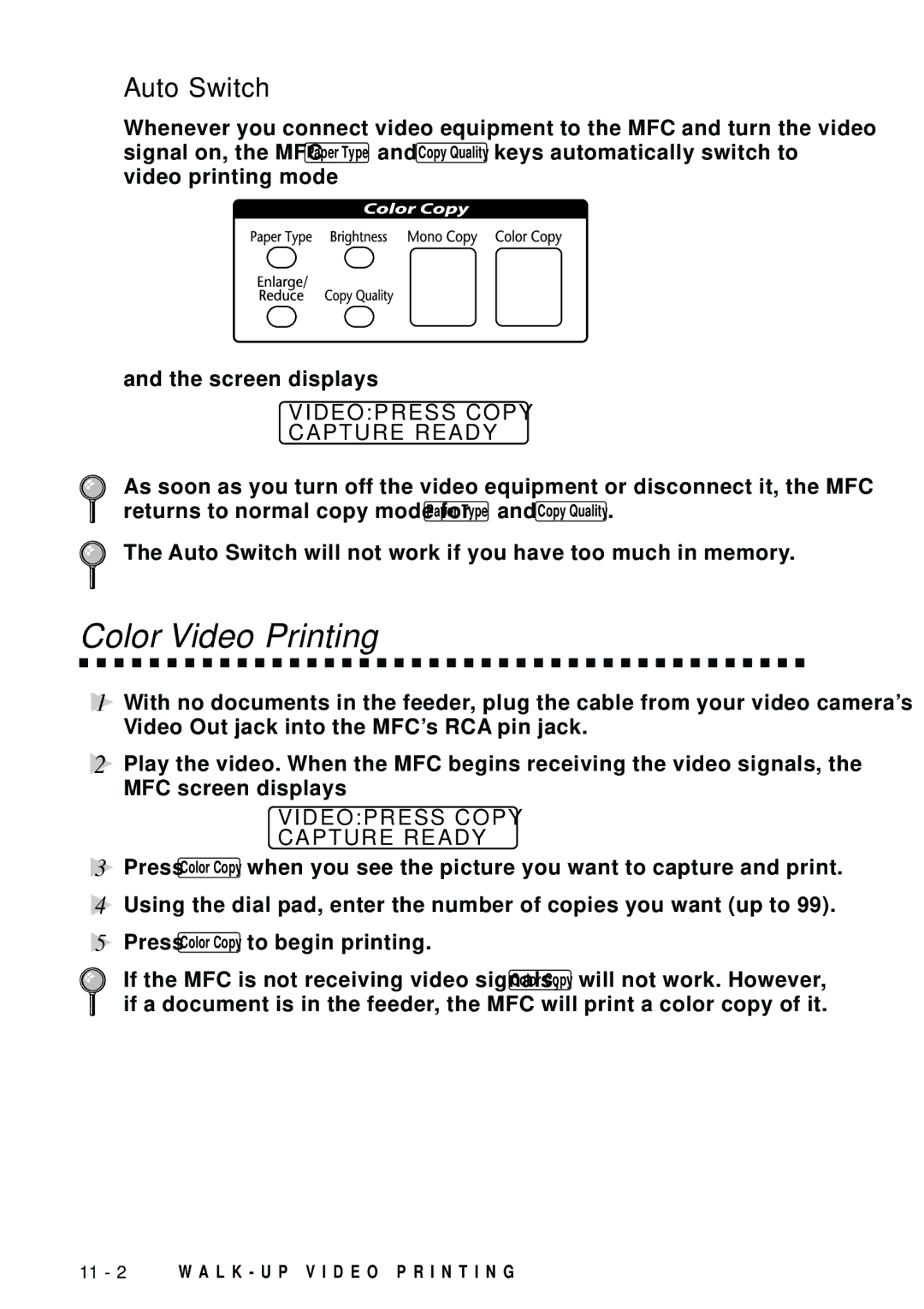 Brother MFC-9100C manual Color Video Printing, Auto Switch, Videopress Copy Capture Ready 