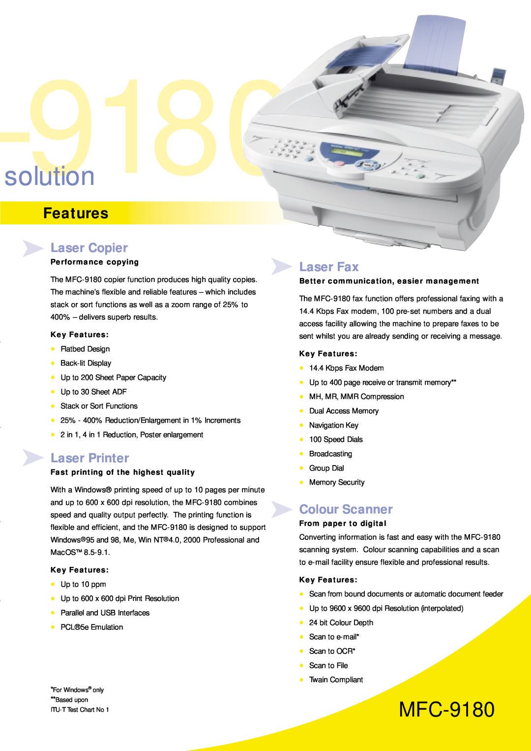 Brother MFC-9180 manual solution, Features, Laser Copier, Laser Printer, Laser Fax, Colour Scanner, Performance copying 